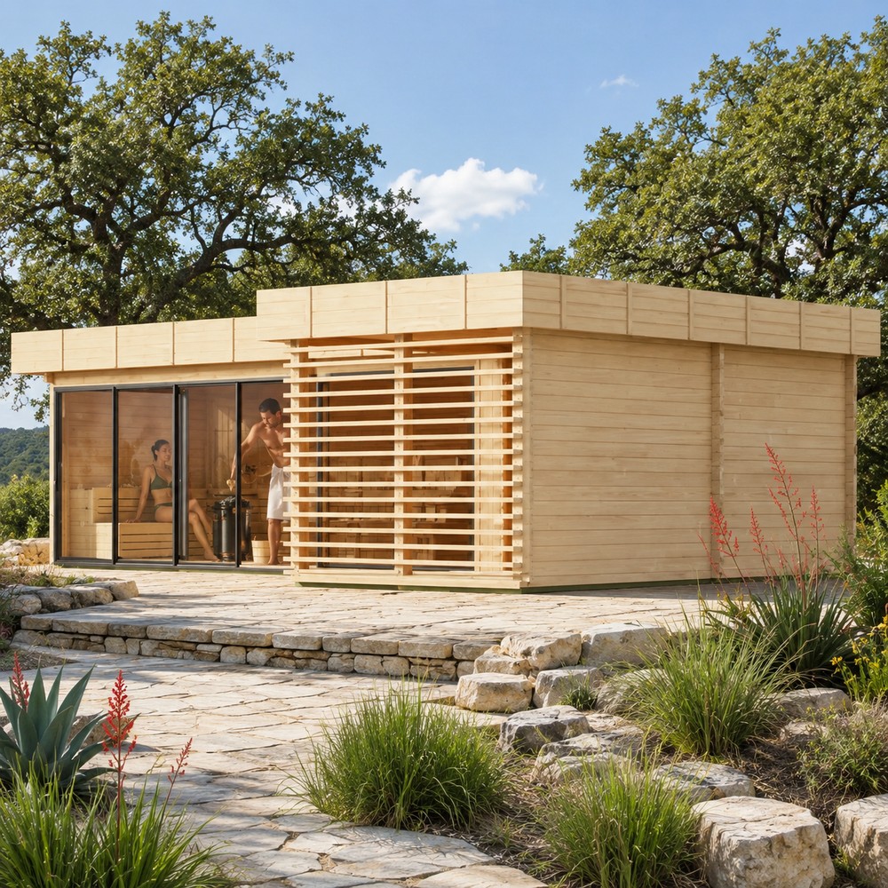 Sauna Quieto 70 in the sunny Texas Hill Country with two adults visibly relaxing and pouring water over the sauna stones.