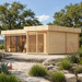 Sauna Quieto 70 in the sunny Texas Hill Country with two adults visibly relaxing and pouring water over the sauna stones.