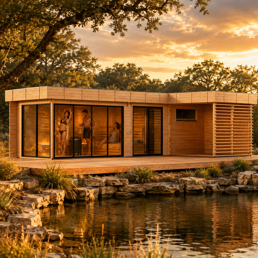 Sauna Quieto 70 glowing at golden hour beside a spring-fed pond with three adults stretching, resting, and carrying a sauna bucket.