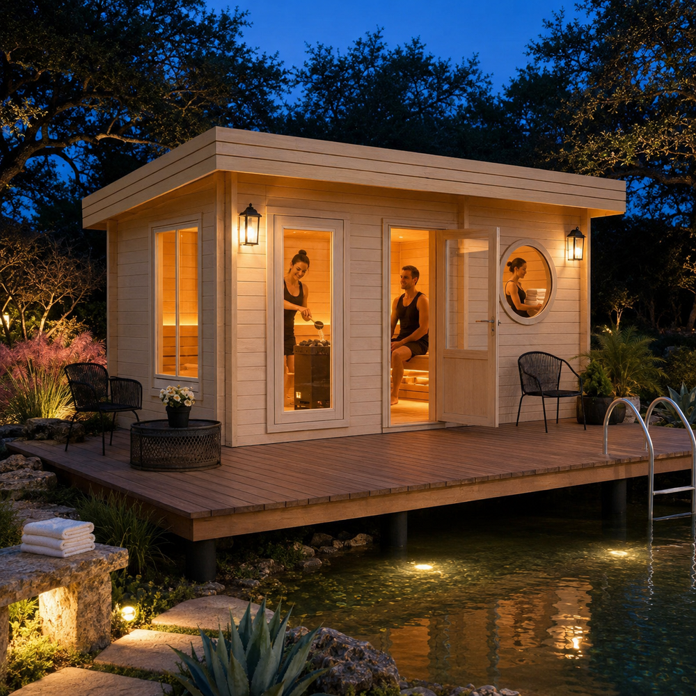 Illuminated Sauna Sahib 70 above a landscaped pond with three adults visibly enjoying the sauna during a bright Texas evening.