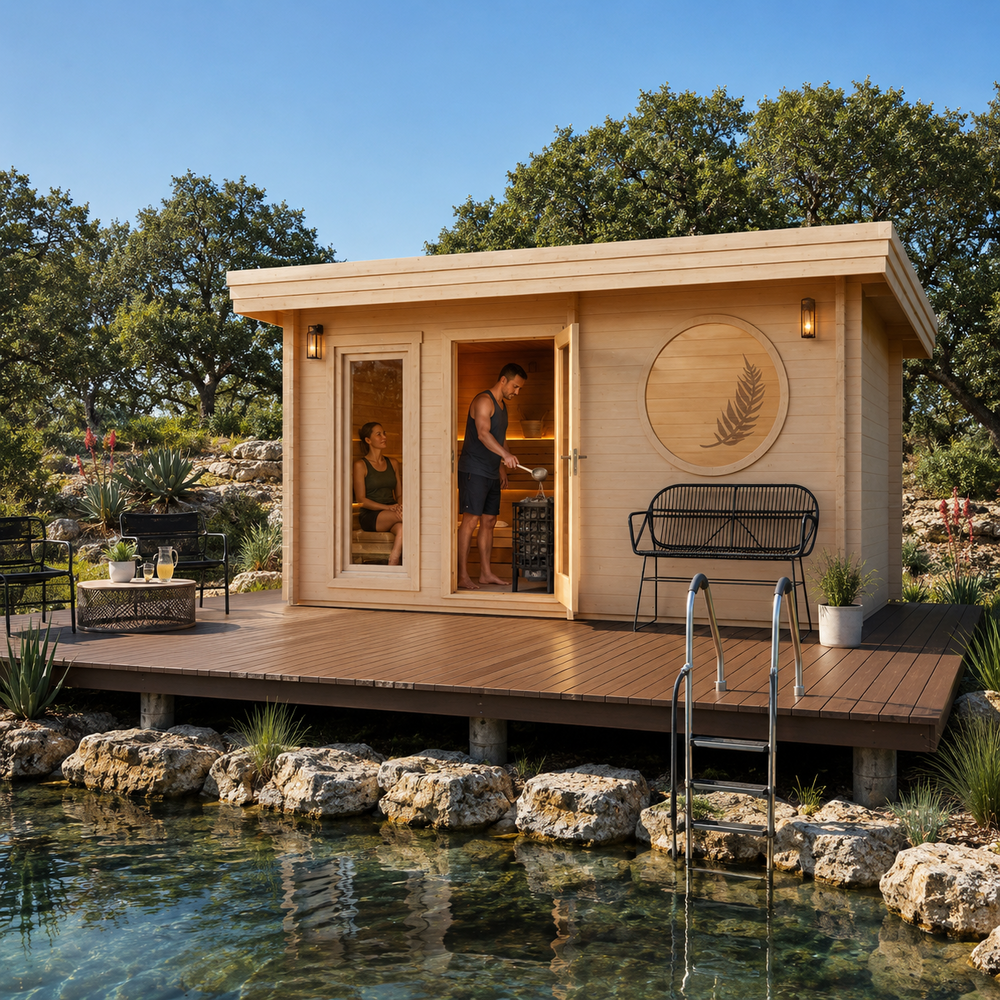 Sauna Sahib 70 beside a sunny Texas Hill Country pond with two adults visibly relaxing and pouring water over the sauna stones.