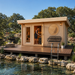 Sauna Sahib 70 beside a sunny Texas Hill Country pond with two adults visibly relaxing and pouring water over the sauna stones.