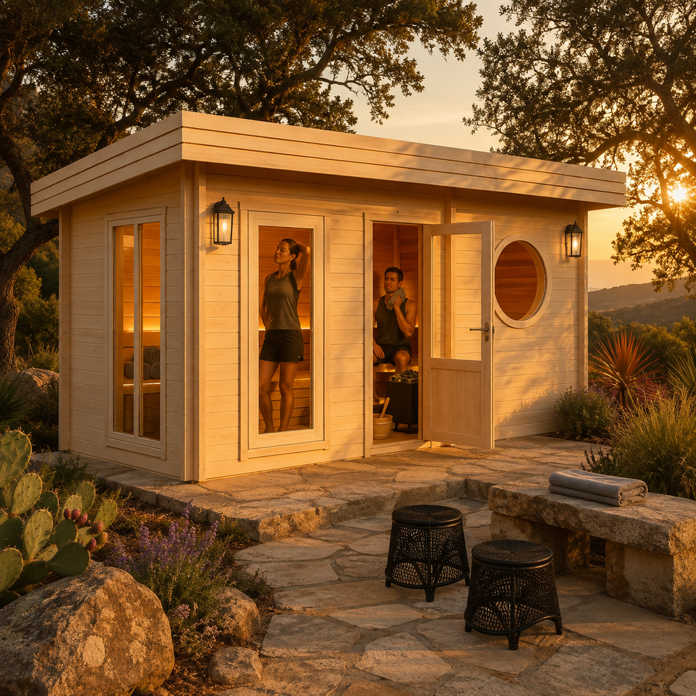 Sauna Sahib 70 glowing at golden hour with two adults stretching and cooling down inside a landscaped Texas Hill Country retreat.