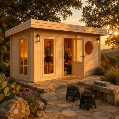 Sauna Sahib 70 glowing at golden hour with two adults stretching and cooling down inside a landscaped Texas Hill Country retreat.
