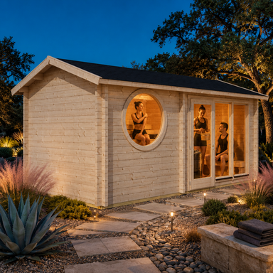 Illuminated Sauna Sanna 90 on a bright Texas evening with three visible guests stretching and relaxing inside.