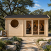 Front view of the Sauna Sanna 90 in the sunny Texas Hill Country with three guests using the cedar sauna.