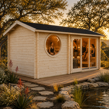 Sauna Sanna 90 at golden hour with four guests relaxing inside beside a landscaped pond and native Texas garden.