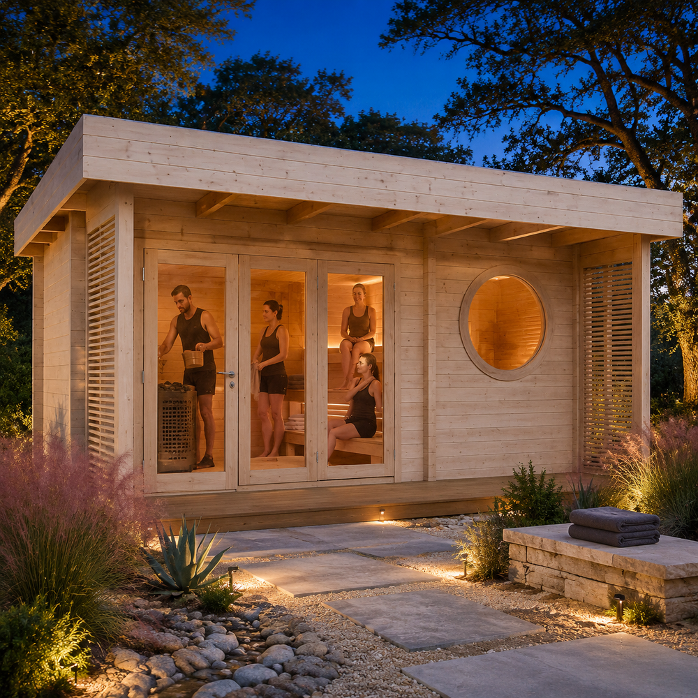 Illuminated Sauna Sirpa 90 on a bright Texas evening with four adults enjoying the sauna amid a landscaped xeriscape garden.