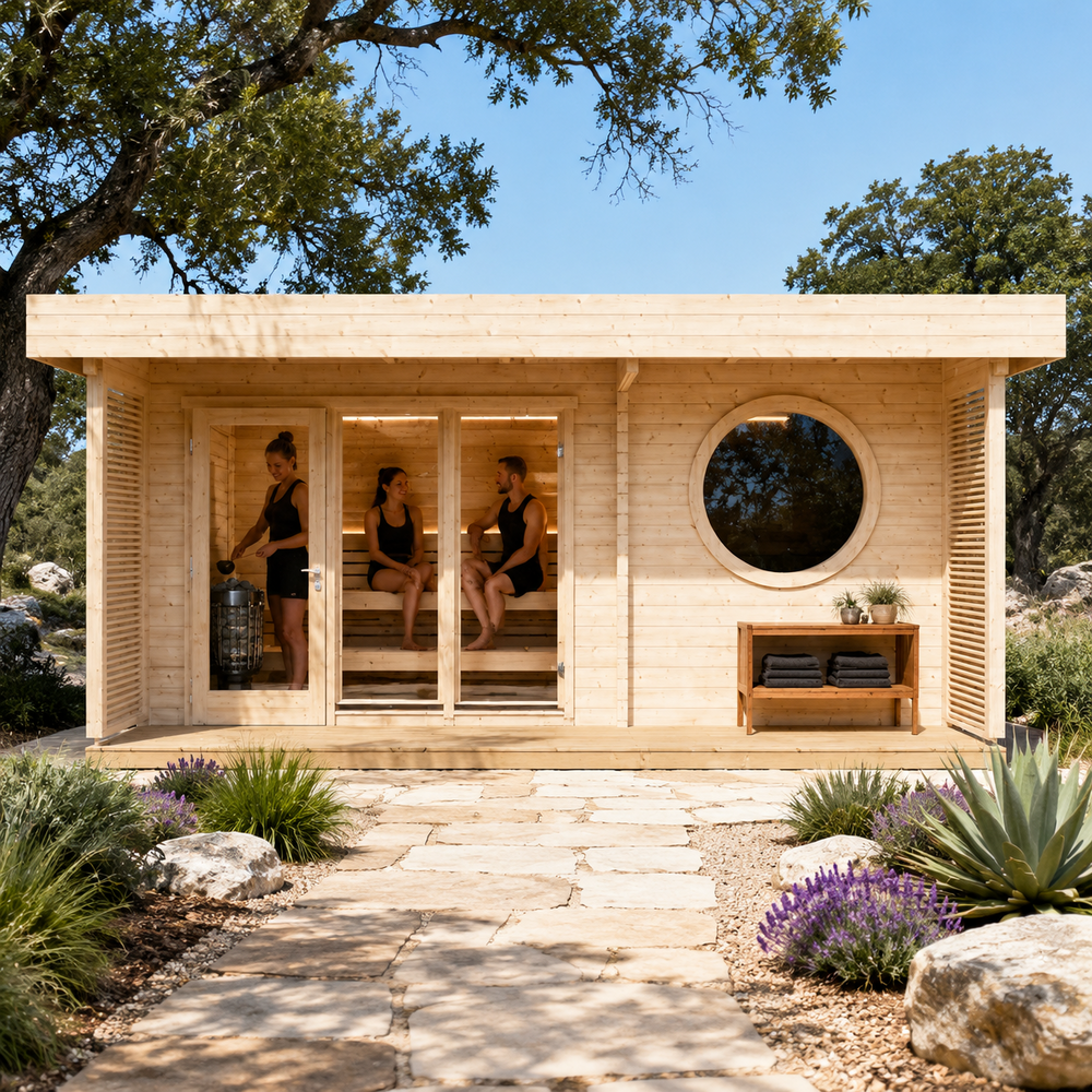 Front view of the Sauna Sirpa 90 in the sunny Texas Hill Country with three adults clearly visible using the wood-lined sauna.