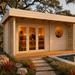 Sauna Sirpa 90 at golden hour with three adults stretching, meditating, and relaxing inside beside a cedar deck and plunge pool.
