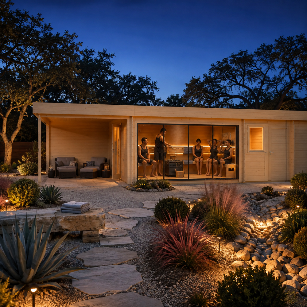 Illuminated Sauna St. Moritz 70 in a landscaped Texas Hill Country courtyard with five adults visibly enjoying the spacious cedar sauna.