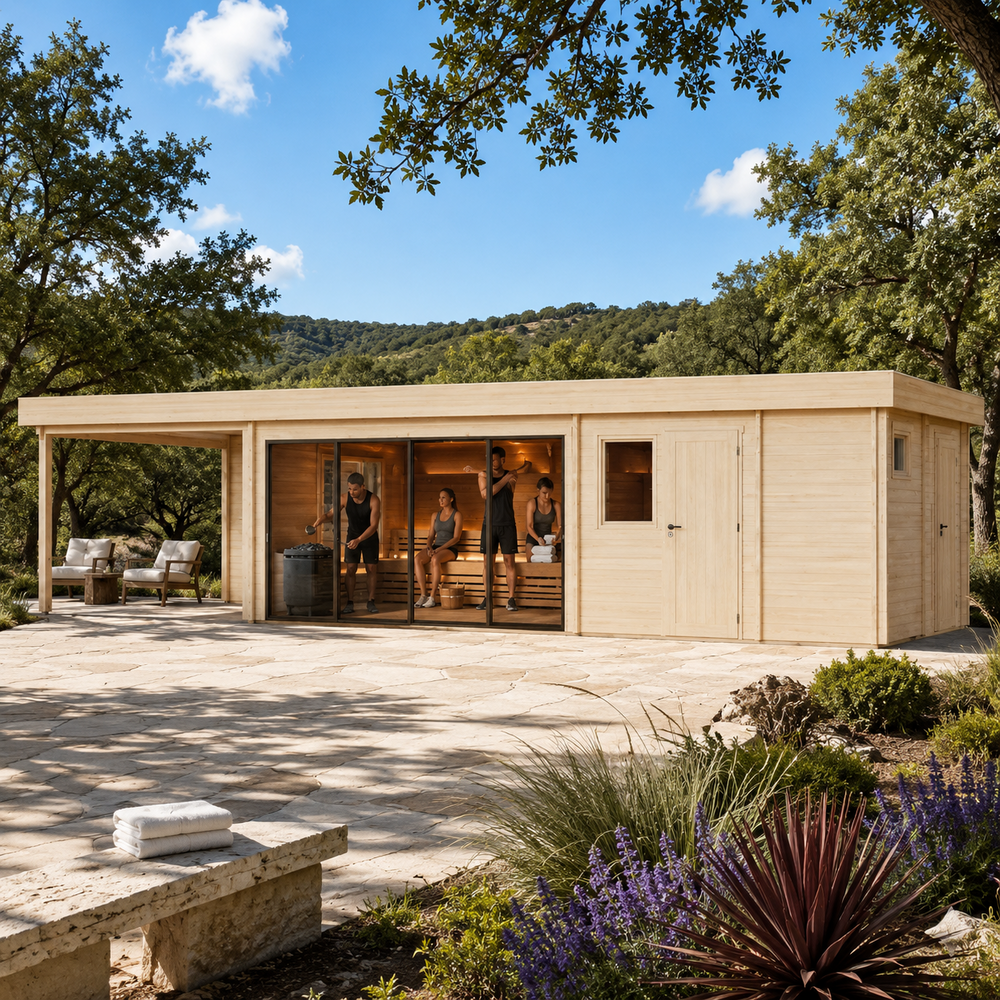 Sauna St. Moritz 70 in the sunny Texas Hill Country with four adults visibly relaxing, stretching, arranging towels, and pouring water over the sauna stones.