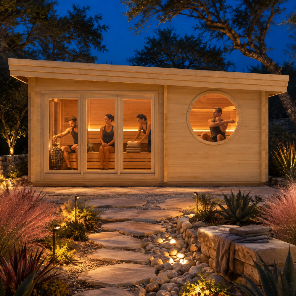 Illuminated Sauna Tanonka 70 in a landscaped Texas Hill Country courtyard with four adults visibly enjoying the sauna.