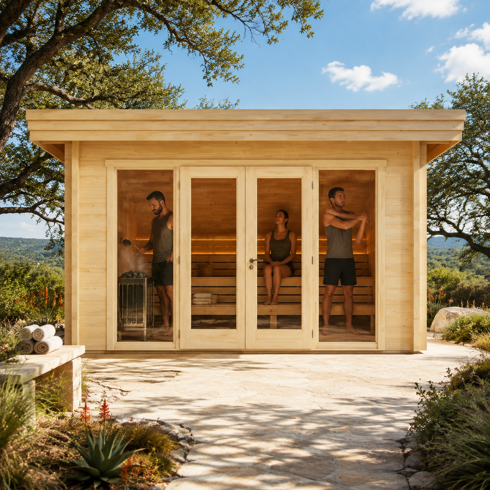 Sauna Tanonka 70 in the sunny Texas Hill Country with three adults visibly pouring water, relaxing, and stretching inside.