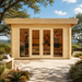 Sauna Tanonka 70 in the sunny Texas Hill Country with three adults visibly pouring water, relaxing, and stretching inside.