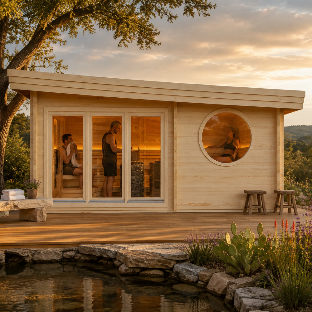 Sauna Tanonka 70 glowing at golden hour beside a spring-fed pond with three adults clearly visible through the glass and circular window.