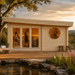 Sauna Tanonka 70 glowing at golden hour beside a spring-fed pond with three adults clearly visible through the glass and circular window.