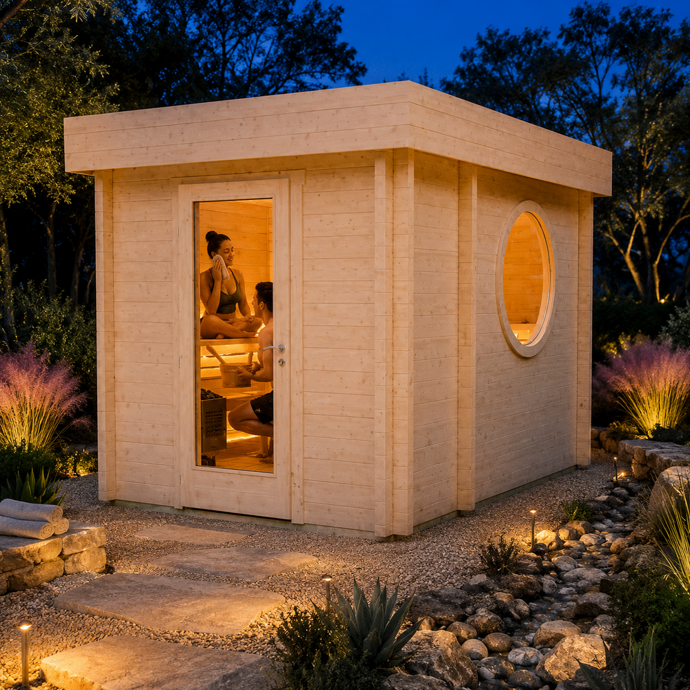 Brightly illuminated Sauna Tuuli 90 with two visible adults enjoying the sauna in a landscaped Texas Hill Country courtyard.