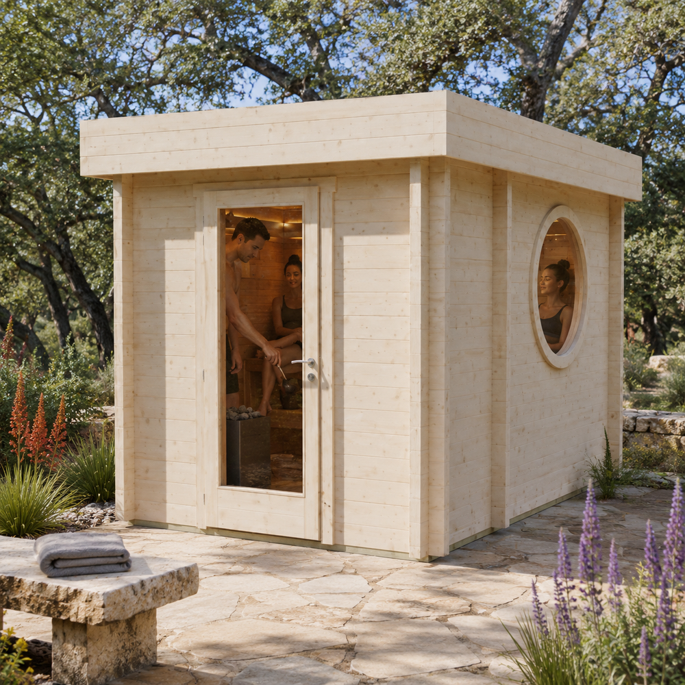 Sauna Tuuli 90 in the sunny Texas Hill Country with two adults visibly relaxing and pouring water over the sauna stones.