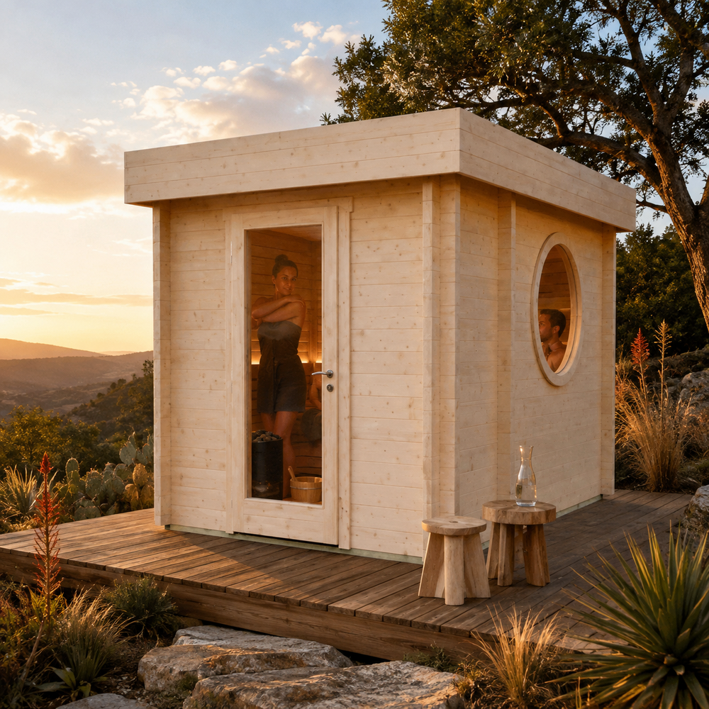 Sauna Tuuli 90 glowing at golden hour with two adults stretching and cooling down inside above a scenic Texas Hill Country slope.