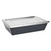 Small Ooni Detroit Pizza Pan angled view with the stainless steel lid resting on the dark gray pan and the ooni logo embossed on the side.