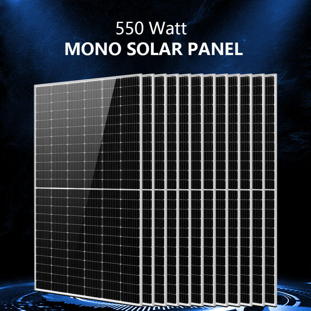 Specification and lifestyle image of the 550W solar panel used in the Sun Gold Power 10000W 48VDC 120V/240V LifePo4 25.6KWH Lithium Battery Off-Grid Solar Kit.