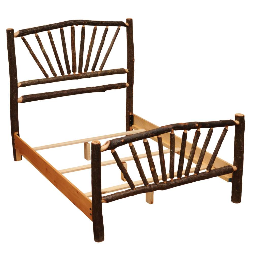 Three-quarter view of Fireside Lodge Hickory Log Sunburst Bed frame without bedding