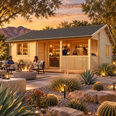 The Sunbeam Lakehouse 70mm transformed into a golden-hour entertainment bar, with friends socializing inside, on the covered porch, and beside a fire feature.
