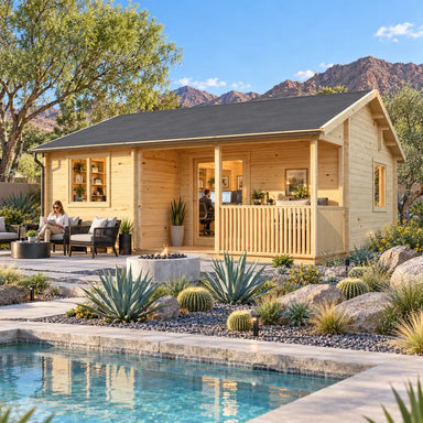 The Sunbeam Lakehouse 70mm configured as a sunny Nevada home office, with adults working inside and relaxing beside its long covered timber porch.

