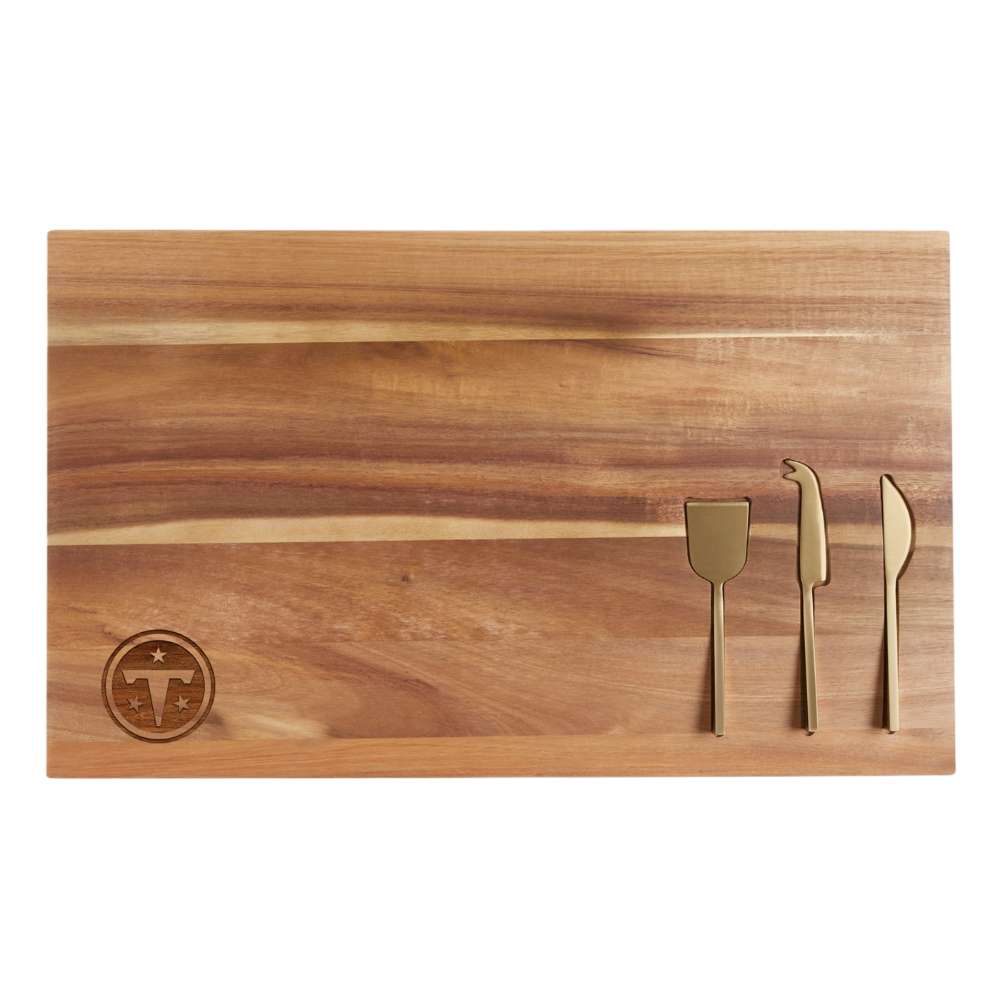 Tennessee Titans Crate & Barrel Octavia Large Wood Board with acacia wood and stainless steel cheese knives