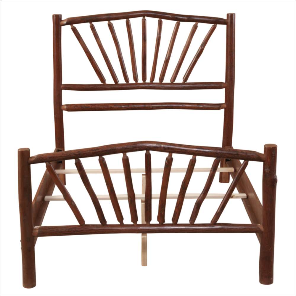 traight-on view of the fully assembled Fireside Lodge Hickory Log Sunburst Bed frame without a mattress showing the sunburst log pattern on both headboard and footboard