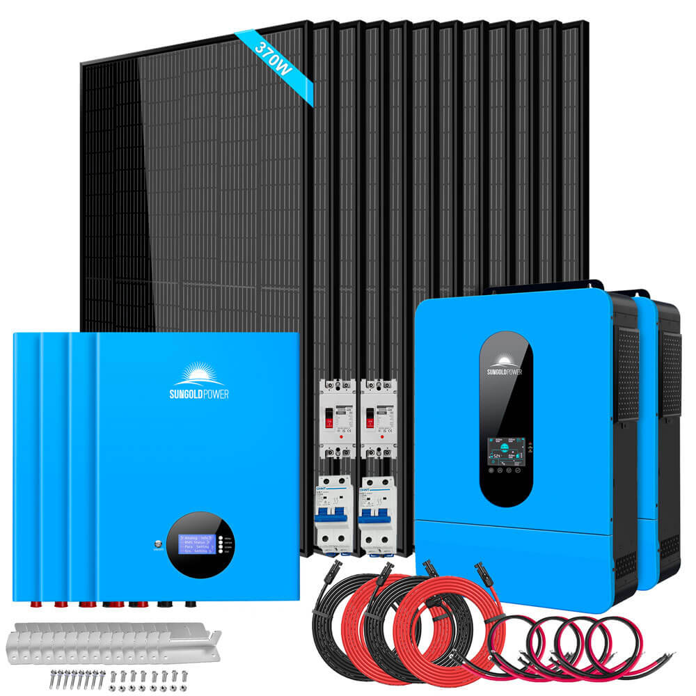 Twelve solar panels, dual inverters, four PowerWall batteries, cables, and hardware included with Sun Gold Power 13000W 48VDC 120V/240V 20.48KWH PowerWall Lithium Battery 4440W Solar Panel Off-Grid Solar Kit