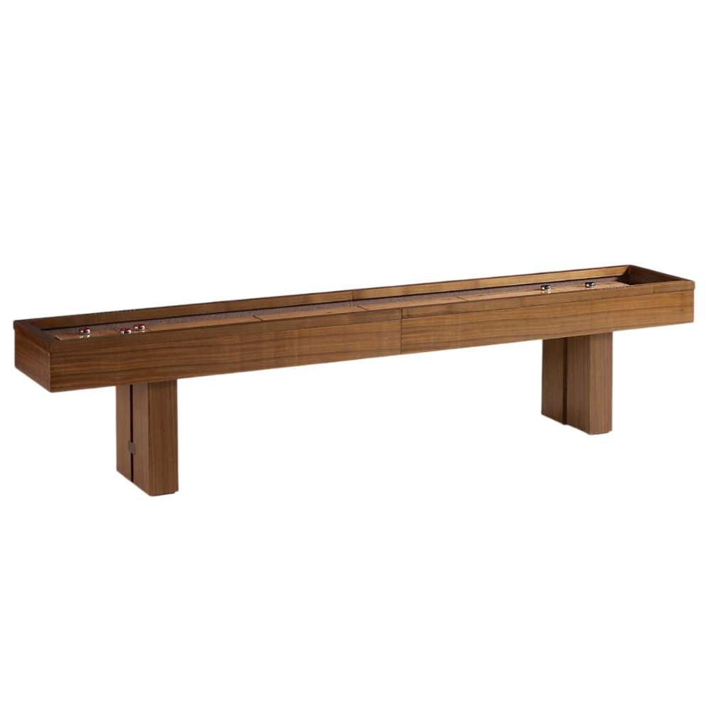 Walnut Crate & Barrel Shuffleboard at a three quarter angle on a white background with the empty pale maple playfield running the length of the cabinet above two slab legs