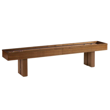 Walnut Crate & Barrel Shuffleboard at a three quarter angle on a white background with the empty pale maple playfield running the length of the cabinet above two slab legs
