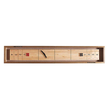 Walnut Crate & Barrel Shuffleboard seen from directly above against a white background with scoring numbers 4, 3, 2 and 1 at each end, four red pucks at one end, four black pucks at the other and the table brush across the middle