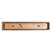 Walnut Crate & Barrel Shuffleboard seen from directly above against a white background with scoring numbers 4, 3, 2 and 1 at each end, four red pucks at one end, four black pucks at the other and the table brush across the middle