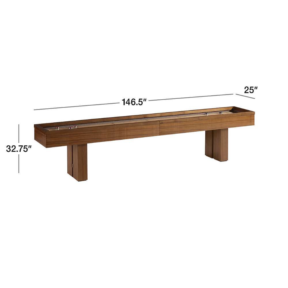 Walnut Crate & Barrel Shuffleboard shown as a dimension diagram on a white background marked 146.5 inches wide, 25 inches deep and 32.75 inches high
