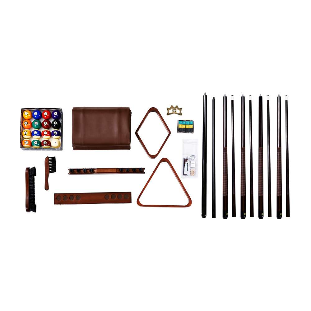 Walnut Crate & Barrel Walnut Pool Table with Wall Rack and Accessories accessory set laid out on a white background with racked balls, eight cues, triangle and diamond racks, wall rack parts, brush, chalk and a leather cover