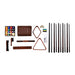 Walnut Crate & Barrel Walnut Pool Table with Wall Rack and Accessories accessory set laid out on a white background with racked balls, eight cues, triangle and diamond racks, wall rack parts, brush, chalk and a leather cover