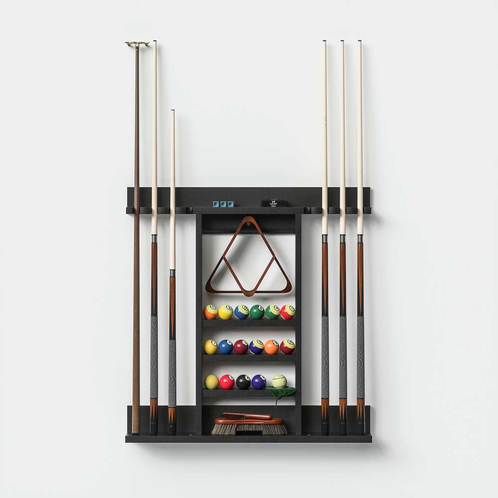 Walnut Crate & Barrel Walnut Pool Table with Wall Rack and Accessories wall rack mounted on a pale wall holding six cues, a triangle rack, three shelves of billiard balls, chalk and a brush