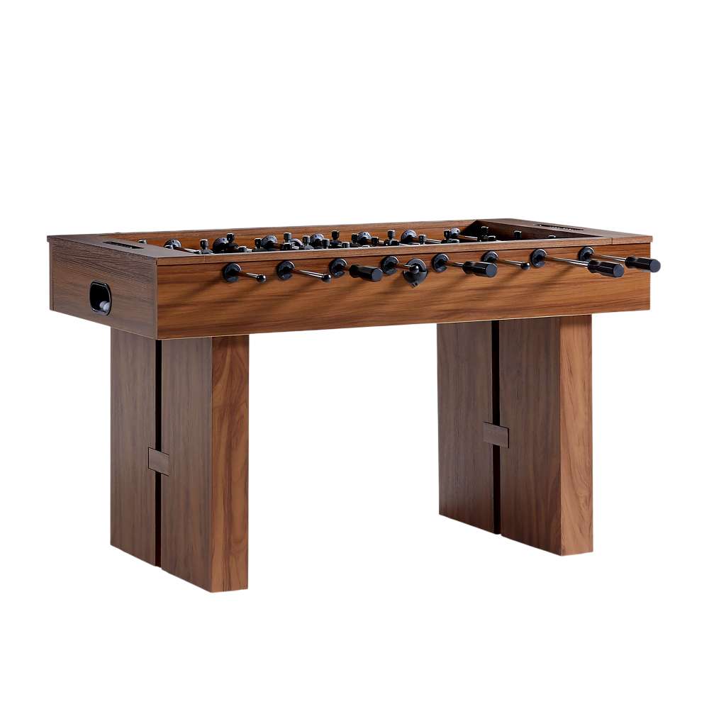 Walnut Wood Crate & Barrel Modern Wood Foosball Table at a three quarter angle showing the full cabinet, the rows of black players and the flat slab legs