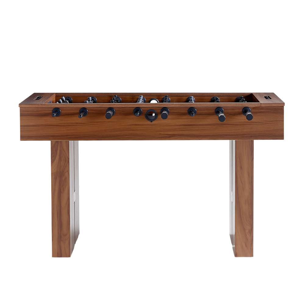 Walnut Wood Crate & Barrel Modern Wood Foosball Table seen straight from the front with black player figures on chrome rods and two wide slab legs