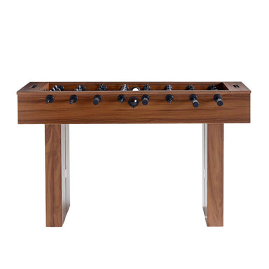 Walnut Wood Crate & Barrel Modern Wood Foosball Table seen straight from the front with black player figures on chrome rods and two wide slab legs