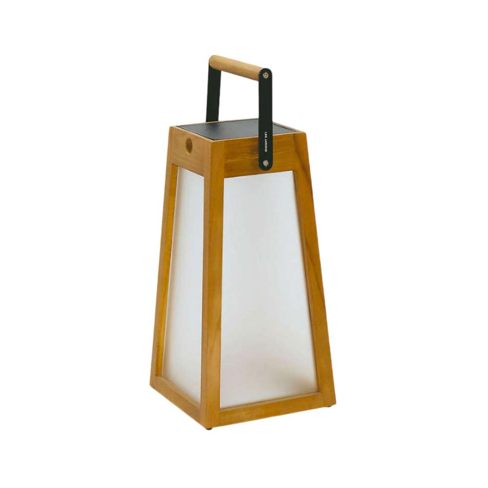 Weathered Teak Crate & Barrel Les Jardins Roam Teak LED Outdoor Solar-Powered Lantern 16" with frosted panels in a tapered teak frame and an aluminum and teak carry grip
