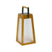 Weathered Teak Crate & Barrel Les Jardins Roam Teak LED Outdoor Solar-Powered Lantern 16" with frosted panels in a tapered teak frame and an aluminum and teak carry grip