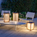 Weathered Teak Crate & Barrel Les Jardins Tradition Teak LED Outdoor Solar-Powered Lantern shown in a styled outdoor setting, lit through its frosted panels