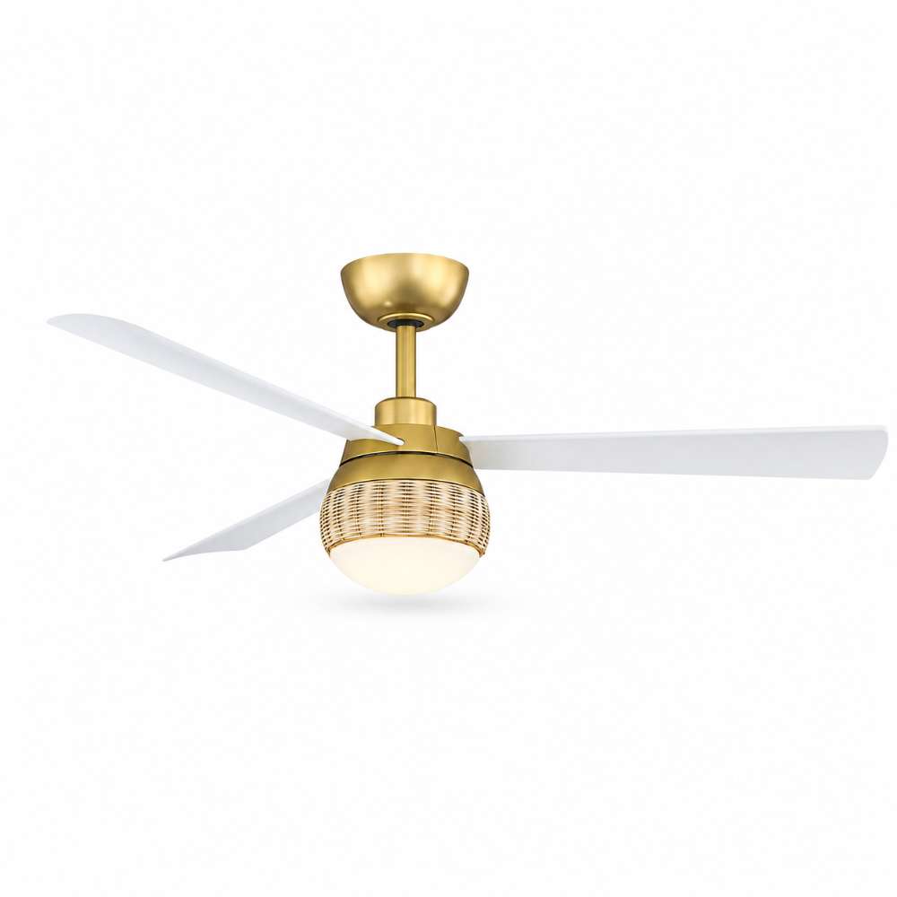 White and Gold Crate & Barrel Paget 52" White/Gold and Rattan Ceiling Fan with LED Light in brushed satin brass with three matte white blades and a rattan wicker shade, shown in the main product view