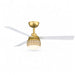 White and Gold Crate & Barrel Paget 52" White/Gold and Rattan Ceiling Fan with LED Light in brushed satin brass with three matte white blades and a rattan wicker shade, shown in the main product view