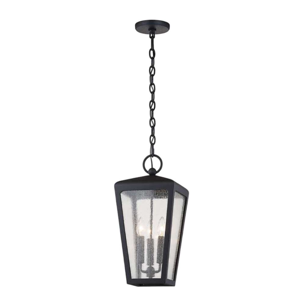 White and Patina Brass Crate & Barrel Andrews Outdoor Lantern Pendant Light with three white aluminum shades open at both ends on a patina brass steel frame, shown in the main product view