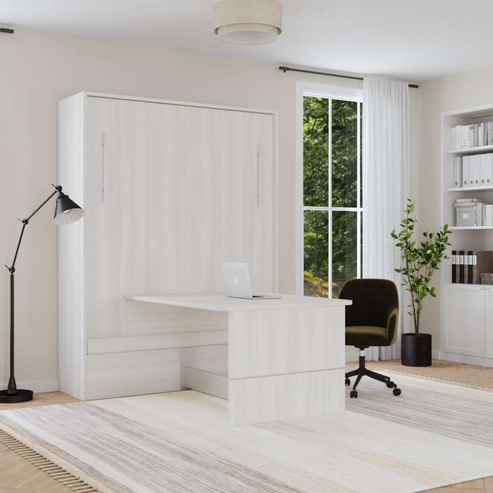 White Ash Inovabed Murphy Bed with Desk closed in a bright room set up as a home office, with a black office chair pulled up to the table
